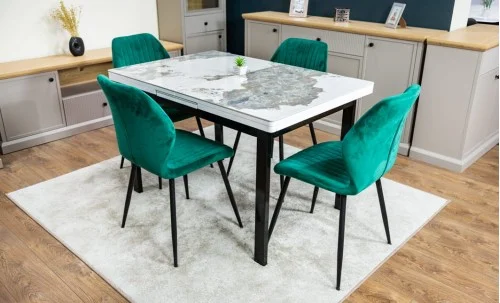 Set Masă Living Extensibilă Blat Ceramic KJT416 Alb-Cappuccino cu 4 Scaune KJC104 Verzi