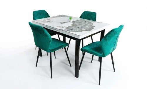 Set Masă Living Extensibilă Blat Ceramic KJT416 Alb-Cappuccino cu 4 Scaune KJC104 Verzi