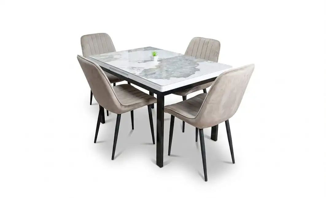 Set Masă Living Extensibilă Blat Ceramic KJT416 Alb-Cappuccino cu 4 Scaune KJC176 Bej 1