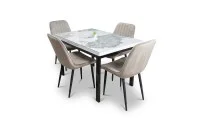 Set Masă Living Extensibilă Blat Ceramic KJT416 Alb-Cappuccino cu 4 Scaune KJC176 Bej 1