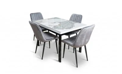 Set Masă Living Extensibilă Blat Ceramic KJT416 Alb-Cappuccino cu 4 Scaune KJC176 Gri