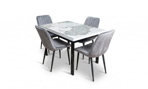 Set Masă Living Extensibilă Blat Ceramic KJT416 Alb-Cappuccino cu 4 Scaune KJC176 Gri