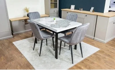 Set Masă Living Extensibilă Blat Ceramic KJT416 Alb-Cappuccino cu 4 Scaune KJC176 Gri