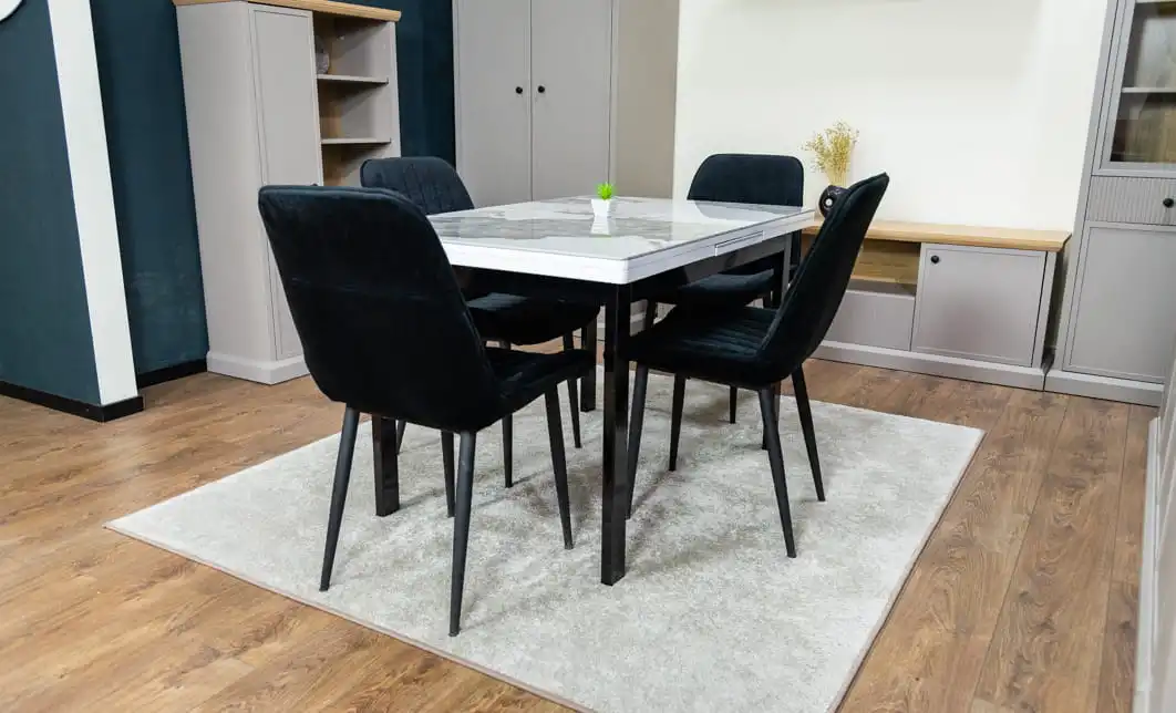Set Masă Living Extensibilă Blat Ceramic KJT416 Alb-Cappuccino cu 4 Scaune KJC176 Negre 10
