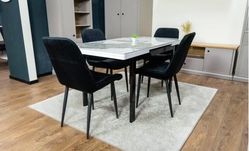 Set Masă Living Extensibilă Blat Ceramic KJT416 Alb-Cappuccino cu 4 Scaune KJC176 Negre