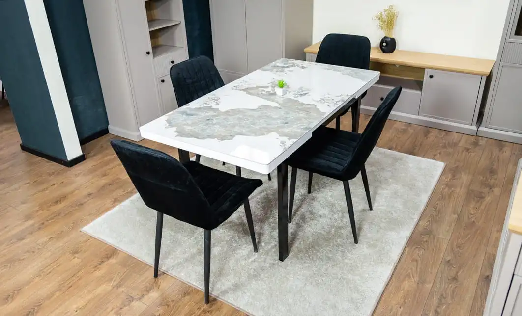 Set Masă Living Extensibilă Blat Ceramic KJT416 Alb-Cappuccino cu 4 Scaune KJC176 Negre
