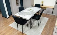 Set Masă Living Extensibilă Blat Ceramic KJT416 Alb-Cappuccino cu 4 Scaune KJC176 Negre