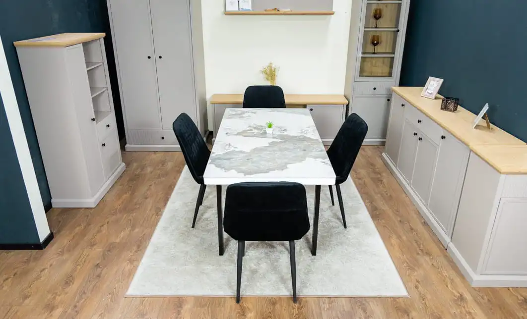 Set Masă Living Extensibilă Blat Ceramic KJT416 Alb-Cappuccino cu 4 Scaune KJC176 Negre 7
