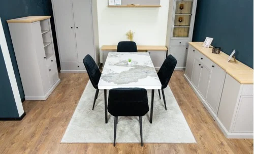 Set Masă Living Extensibilă Blat Ceramic KJT416 Alb-Cappuccino cu 4 Scaune KJC176 Negre
