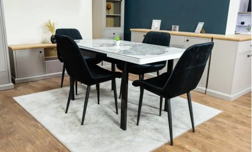 Set Masă Living Extensibilă Blat Ceramic KJT416 Alb-Cappuccino cu 4 Scaune KJC176 Negre