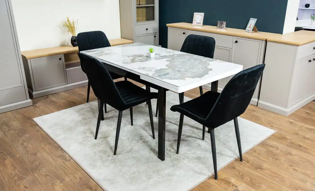 Set Masă Living Extensibilă Blat Ceramic KJT416 Alb-Cappuccino cu 4 Scaune KJC176 Negre 5