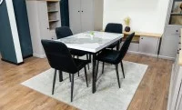 Set Masă Living Extensibilă Blat Ceramic KJT416 Alb-Cappuccino cu 4 Scaune KJC176 Negre
