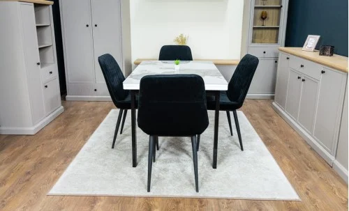 Set Masă Living Extensibilă Blat Ceramic KJT416 Alb-Cappuccino cu 4 Scaune KJC176 Negre