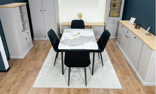 Set Masă Living Extensibilă Blat Ceramic KJT416 Alb-Cappuccino cu 4 Scaune KJC176 Negre