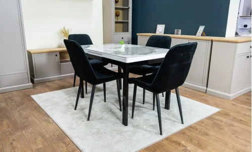 Set Masă Living Extensibilă Blat Ceramic KJT416 Alb-Cappuccino cu 4 Scaune KJC176 Negre