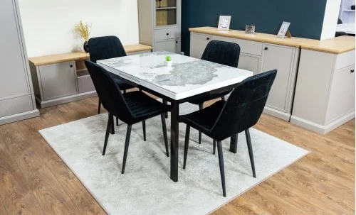Set Masă Living Extensibilă Blat Ceramic KJT416 Alb-Cappuccino cu 4 Scaune KJC176 Negre