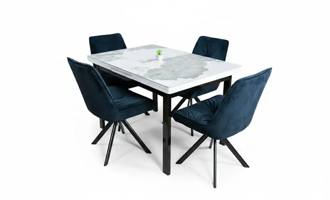 Set Masă Living Extensibilă Blat Ceramic KJT416 Alb-Cappuccino cu 4 Scaune KJC0356 Negre 1