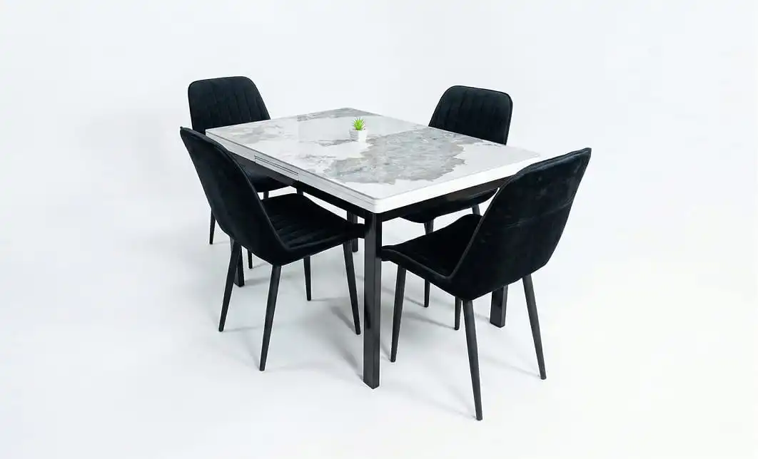 Set Masă Living Extensibilă Blat Ceramic KJT416 Alb-Cappuccino cu 4 Scaune KJC176 Negre 1