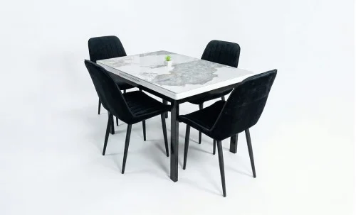Set Masă Living Extensibilă Blat Ceramic KJT416 Alb-Cappuccino cu 4 Scaune KJC176 Negre