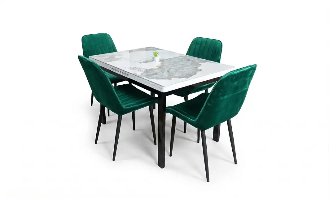 Set Masă Living Extensibilă Blat Ceramic KJT416 Alb-Cappuccino cu 4 Scaune KJC176 Verzi 1