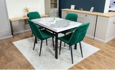 Set Masă Living Extensibilă Blat Ceramic KJT416 Alb-Cappuccino cu 4 Scaune KJC176 Verzi