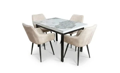 Set Masă Living Extensibilă Blat Ceramic KJT416 Alb-Cappuccino cu 4 Scaune KJC4343 Bej