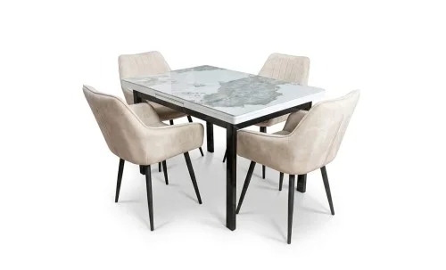 Set Masă Living Extensibilă Blat Ceramic KJT416 Alb-Cappuccino cu 4 Scaune KJC4343 Bej
