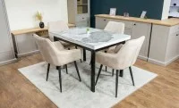 Set Masă Living Extensibilă Blat Ceramic KJT416 Alb-Cappuccino cu 4 Scaune KJC4343 Bej