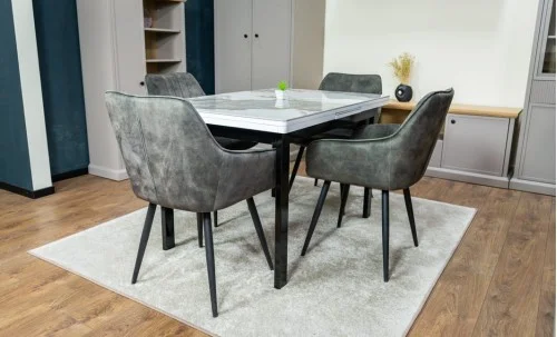 Set Masă Living Extensibilă Blat Ceramic KJT416 Alb-Cappuccino cu 4 Scaune KJC4343 Gri Deschis