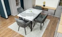 Set Masă Living Extensibilă Blat Ceramic KJT416 Alb-Cappuccino cu 4 Scaune KJC4343 Gri Deschis