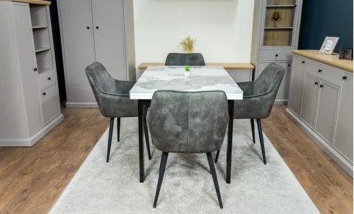Set Masă Living Extensibilă Blat Ceramic KJT416 Alb-Cappuccino cu 4 Scaune KJC4343 Gri Deschis
