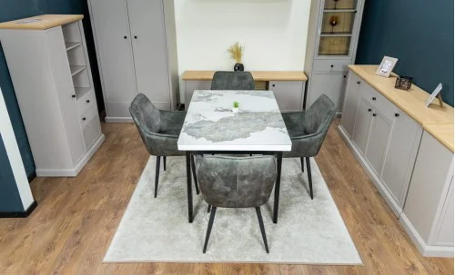 Set Masă Living Extensibilă Blat Ceramic KJT416 Alb-Cappuccino cu 4 Scaune KJC4343 Gri Deschis
