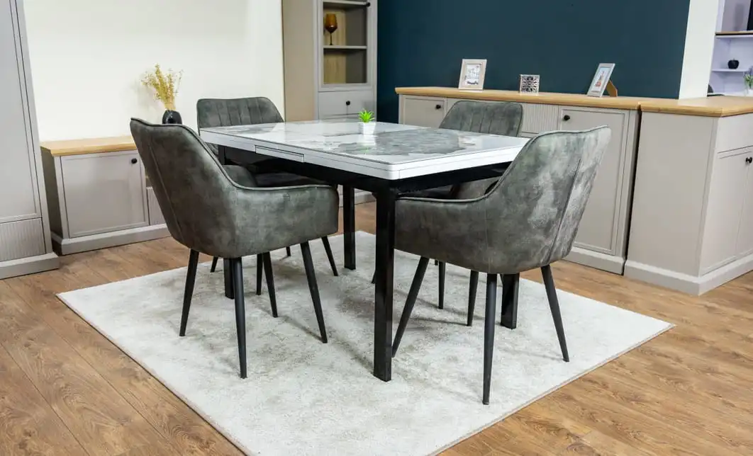 Set Masă Living Extensibilă Blat Ceramic KJT416 Alb-Cappuccino cu 4 Scaune KJC4343 Gri Deschis 5