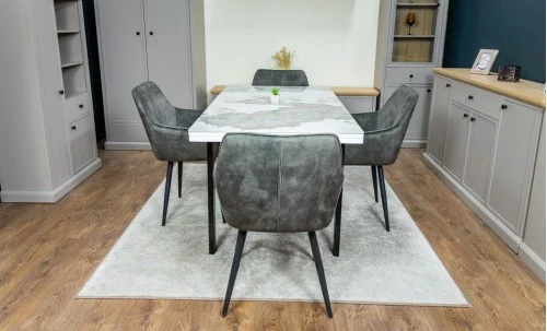 Set Masă Living Extensibilă Blat Ceramic KJT416 Alb-Cappuccino cu 4 Scaune KJC4343 Gri Deschis