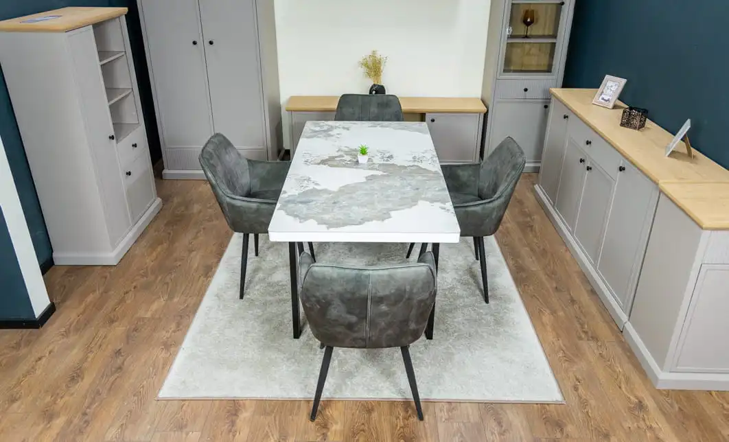 Set Masă Living Extensibilă Blat Ceramic KJT416 Alb-Cappuccino cu 4 Scaune KJC4343 Gri Deschis 9
