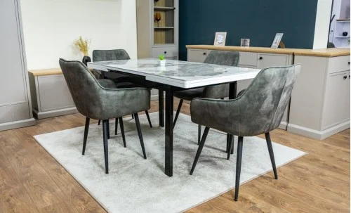 Set Masă Living Extensibilă Blat Ceramic KJT416 Alb-Cappuccino cu 4 Scaune KJC4343 Gri Deschis