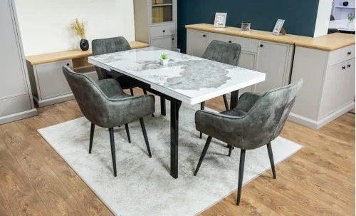 Set Masă Living Extensibilă Blat Ceramic KJT416 Alb-Cappuccino cu 4 Scaune KJC4343 Gri Deschis