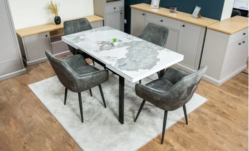Set Masă Living Extensibilă Blat Ceramic KJT416 Alb-Cappuccino cu 4 Scaune KJC4343 Gri Deschis