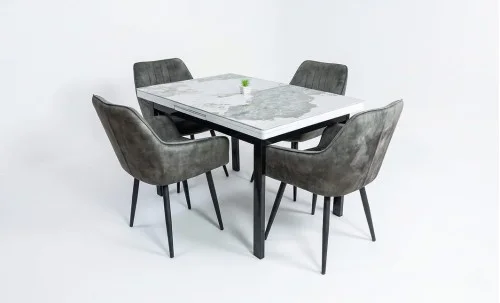 Set Masă Living Extensibilă Blat Ceramic KJT416 Alb-Cappuccino cu 4 Scaune KJC4343 Gri Deschis