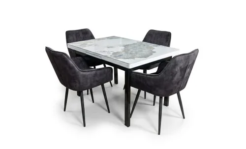 Set Masă Living Extensibilă Blat Ceramic KJT416 Alb-Cappuccino cu 4 Scaune KJC4343 Gri Închis