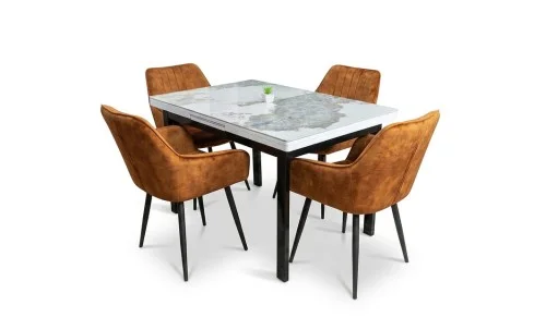 Set Masă Living Extensibilă Blat Ceramic KJT416 Alb-Cappuccino cu 4 Scaune KJC4343 Portocalii