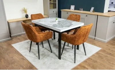 Set Masă Living Extensibilă Blat Ceramic KJT416 Alb-Cappuccino cu 4 Scaune KJC4343 Portocalii