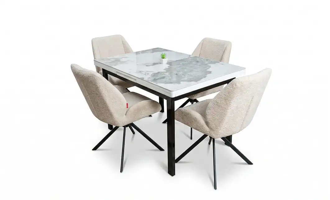Set Masă Living Extensibilă Blat Ceramic KJT416 Alb-Cappuccino cu 4 Scaune KJC4347 Bej 1