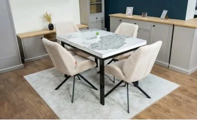 Set Masă Living Extensibilă Blat Ceramic KJT416 Alb-Cappuccino cu 4 Scaune KJC4347 Bej
