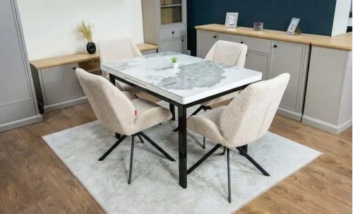 Set Masă Living Extensibilă Blat Ceramic KJT416 Alb-Cappuccino cu 4 Scaune KJC4347 Bej