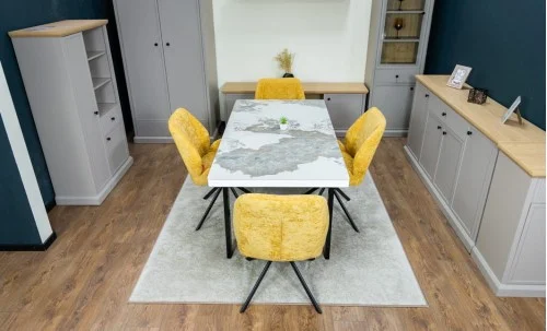 Set Masă Living Extensibilă Blat Ceramic KJT416 Alb-Cappuccino cu 4 Scaune KJC4347 Galbene