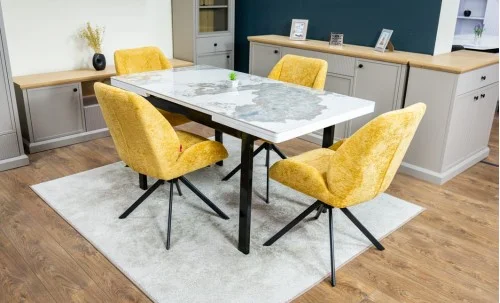 Set Masă Living Extensibilă Blat Ceramic KJT416 Alb-Cappuccino cu 4 Scaune KJC4347 Galbene
