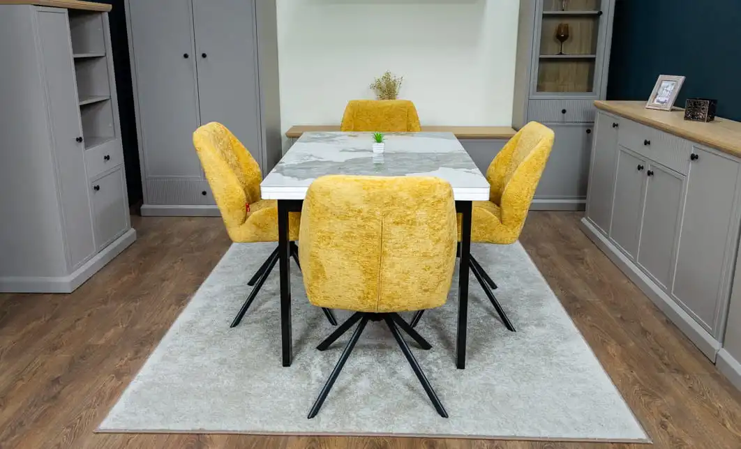 Set Masă Living Extensibilă Blat Ceramic KJT416 Alb-Cappuccino cu 4 Scaune KJC4347 Galbene 8