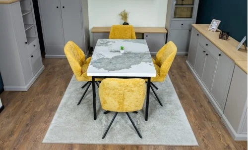 Set Masă Living Extensibilă Blat Ceramic KJT416 Alb-Cappuccino cu 4 Scaune KJC4347 Galbene