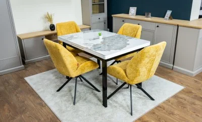 Set Masă Living Extensibilă Blat Ceramic KJT416 Alb-Cappuccino cu 4 Scaune KJC4347 Galbene